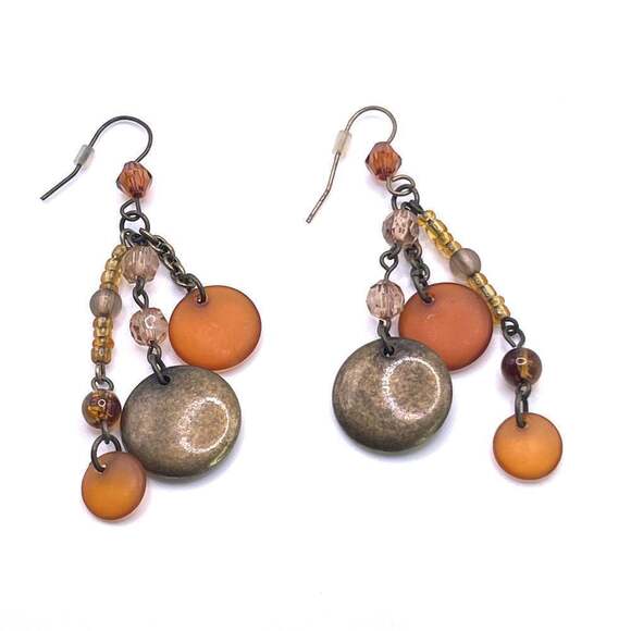 E063 | Brown and Orange Dangle Beaded Earrings - Picture 1 of 2